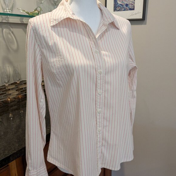 Women's Buttoned-Up Blouse Twin Stripe Red Yellow Long-Sleeve Collared Shirt - Picture 2 of 5